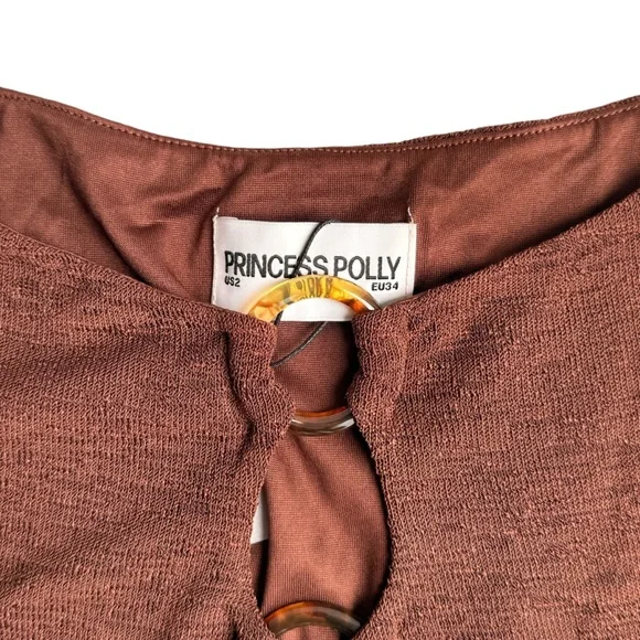 NWT Princess Polly Dejonge Ring Detail Long Sleeve Minidress Brown US 2 - Picture 8 of 9